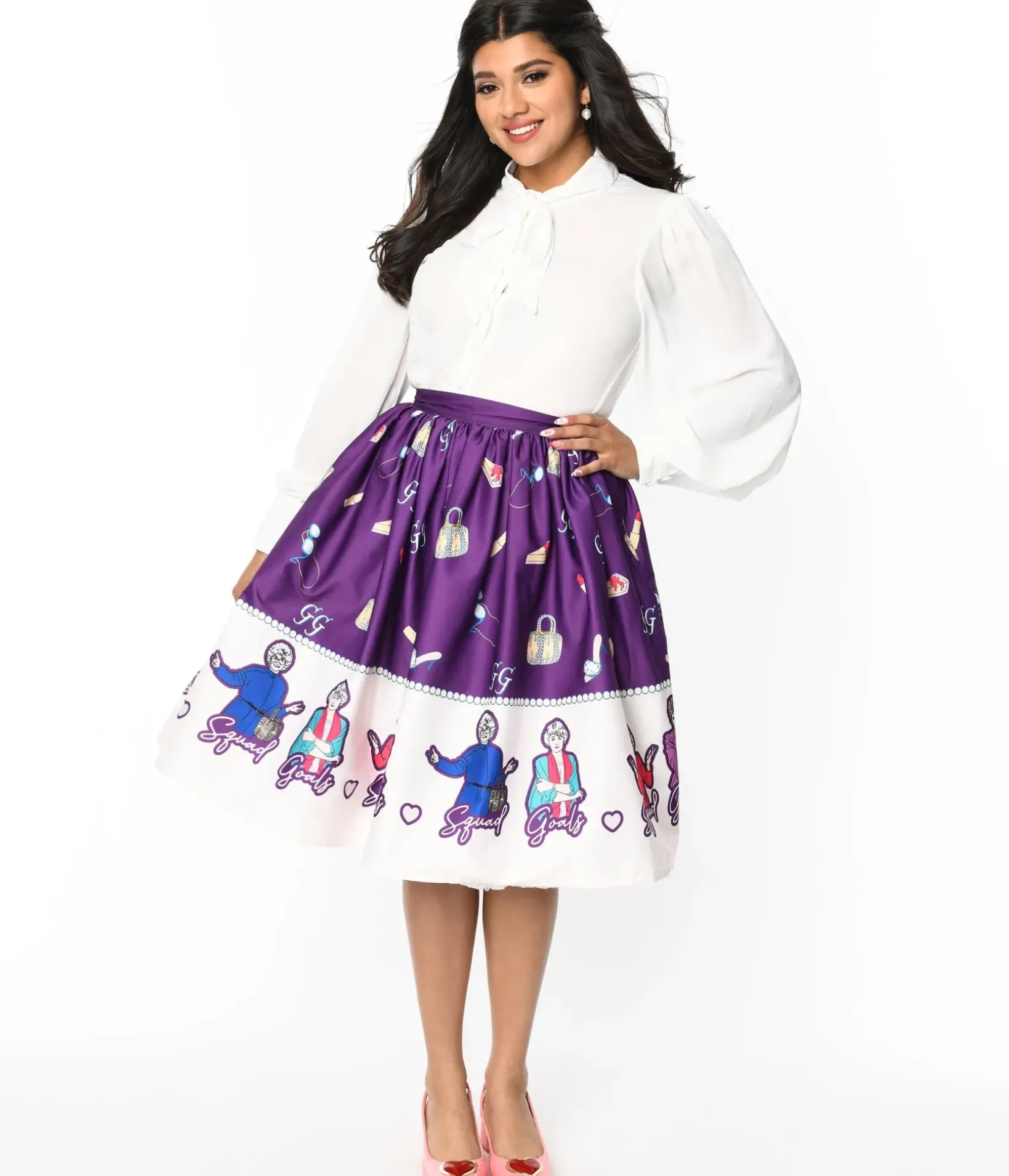 Unique Vintage Skirts>The Golden Girls x Purple Character Border Gellar Swing Skirt