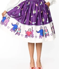 Unique Vintage Skirts>The Golden Girls x Purple Character Border Gellar Swing Skirt