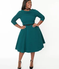 Unique Vintage Swing|Fit & Flare>The Pretty Dress Company Forest Green Grace Fit & Flare Dress