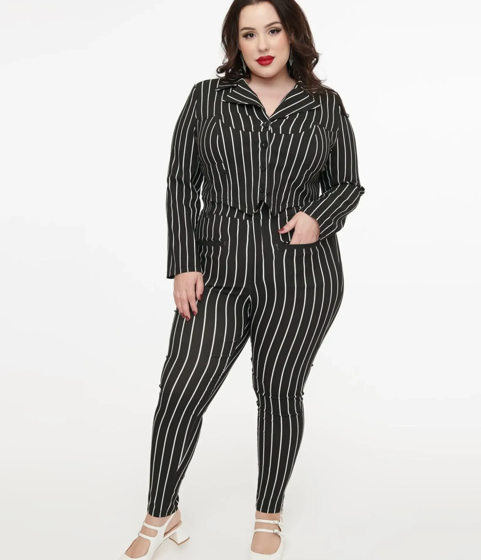 Unique Vintage Pants|All Things Black>Tim Burton’s The Nightmare Before Christmas by Plus Size Black & White Stripe Jack Skellington Stretch Pants