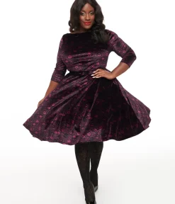 Unique Vintage Swing|Pocket Dresses>Tim Burton's The Nightmare Before Christmas by Plus Size Eggplant Baroque Jack Skellington Devon Swing Dress