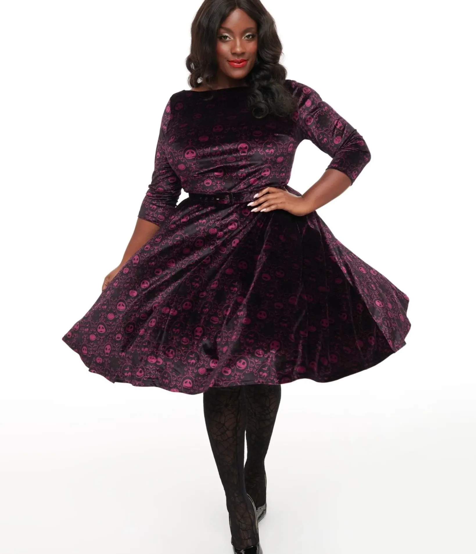 Unique Vintage Swing|Pocket Dresses>Tim Burton's The Nightmare Before Christmas by Plus Size Eggplant Baroque Jack Skellington Devon Swing Dress