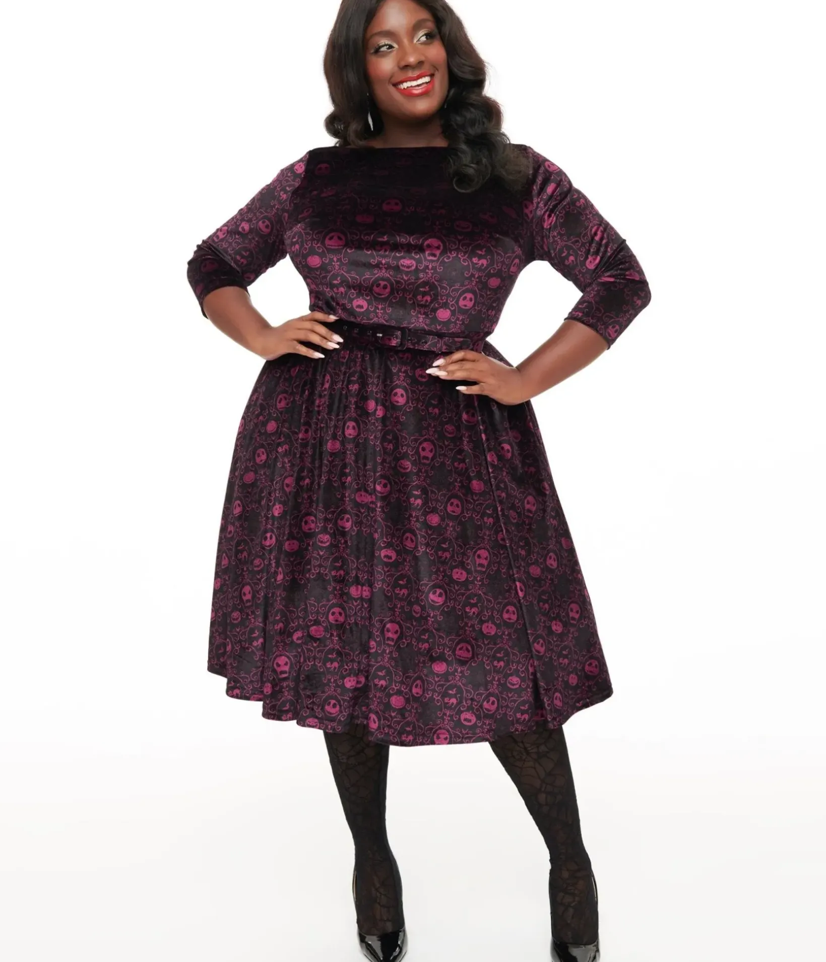 Unique Vintage Swing|Pocket Dresses>Tim Burton's The Nightmare Before Christmas by Plus Size Eggplant Baroque Jack Skellington Devon Swing Dress