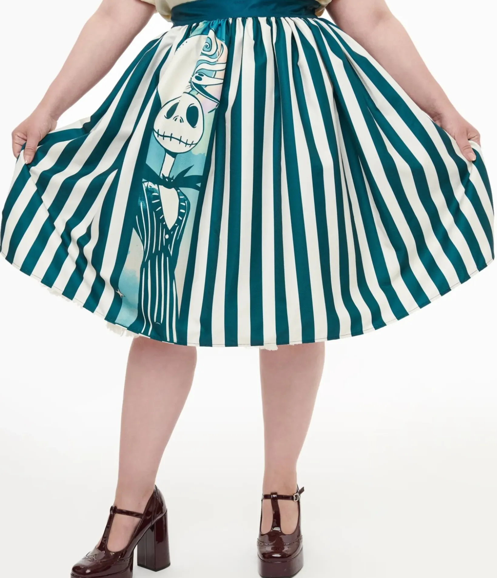 Unique Vintage Skirts>Tim Burton's The Nightmare Before Christmas by Plus Size Teal & White Striped Jack Skellington Gellar Swing Skirt