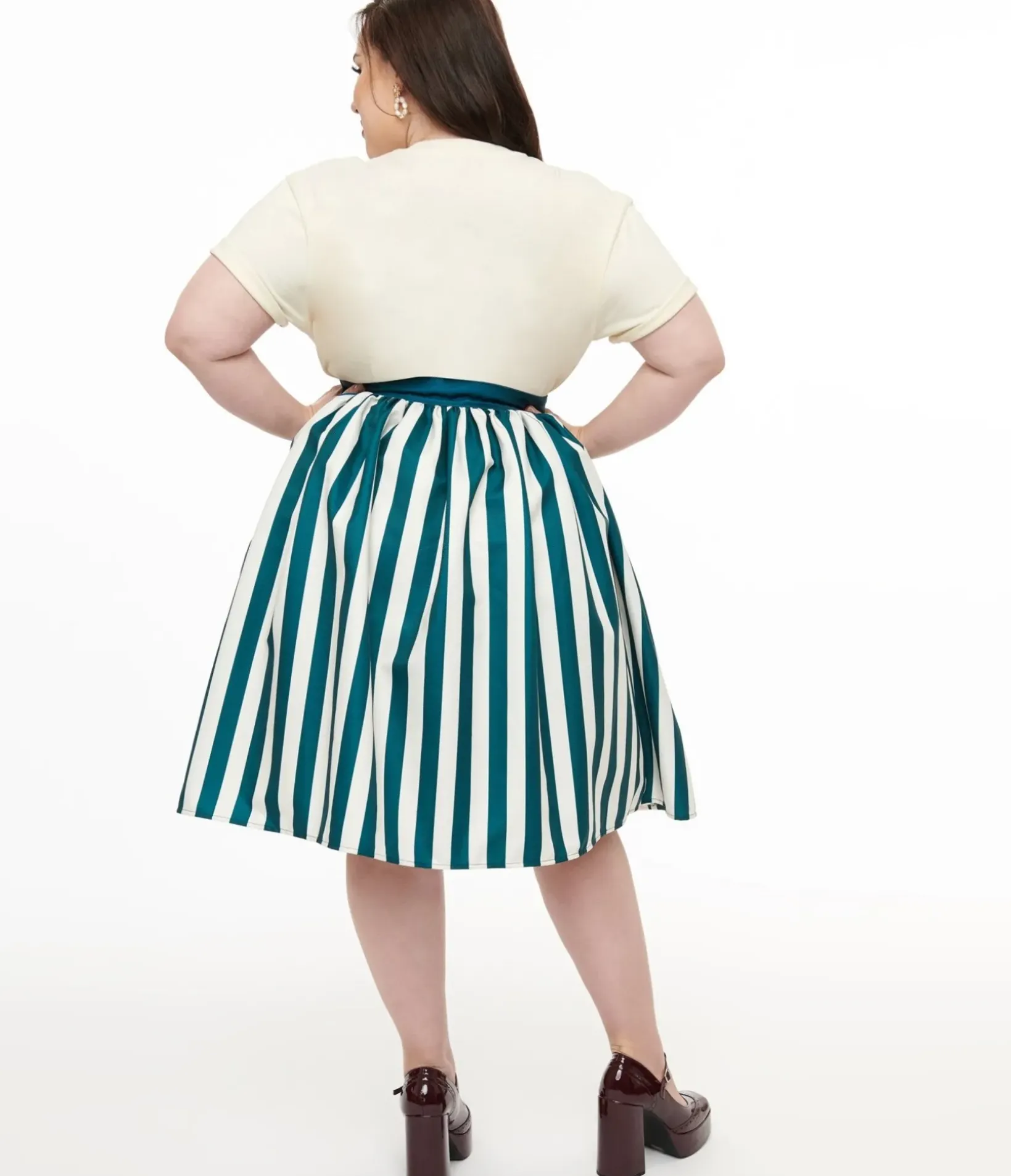 Unique Vintage Skirts>Tim Burton's The Nightmare Before Christmas by Plus Size Teal & White Striped Jack Skellington Gellar Swing Skirt