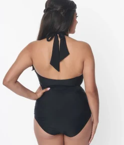 Unique Vintage One Piece Swim|All Things Black>Black Belted Halter Swimsuit