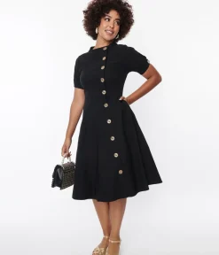 Unique Vintage Swing|Pocket Dresses>Black Button Swing Dress