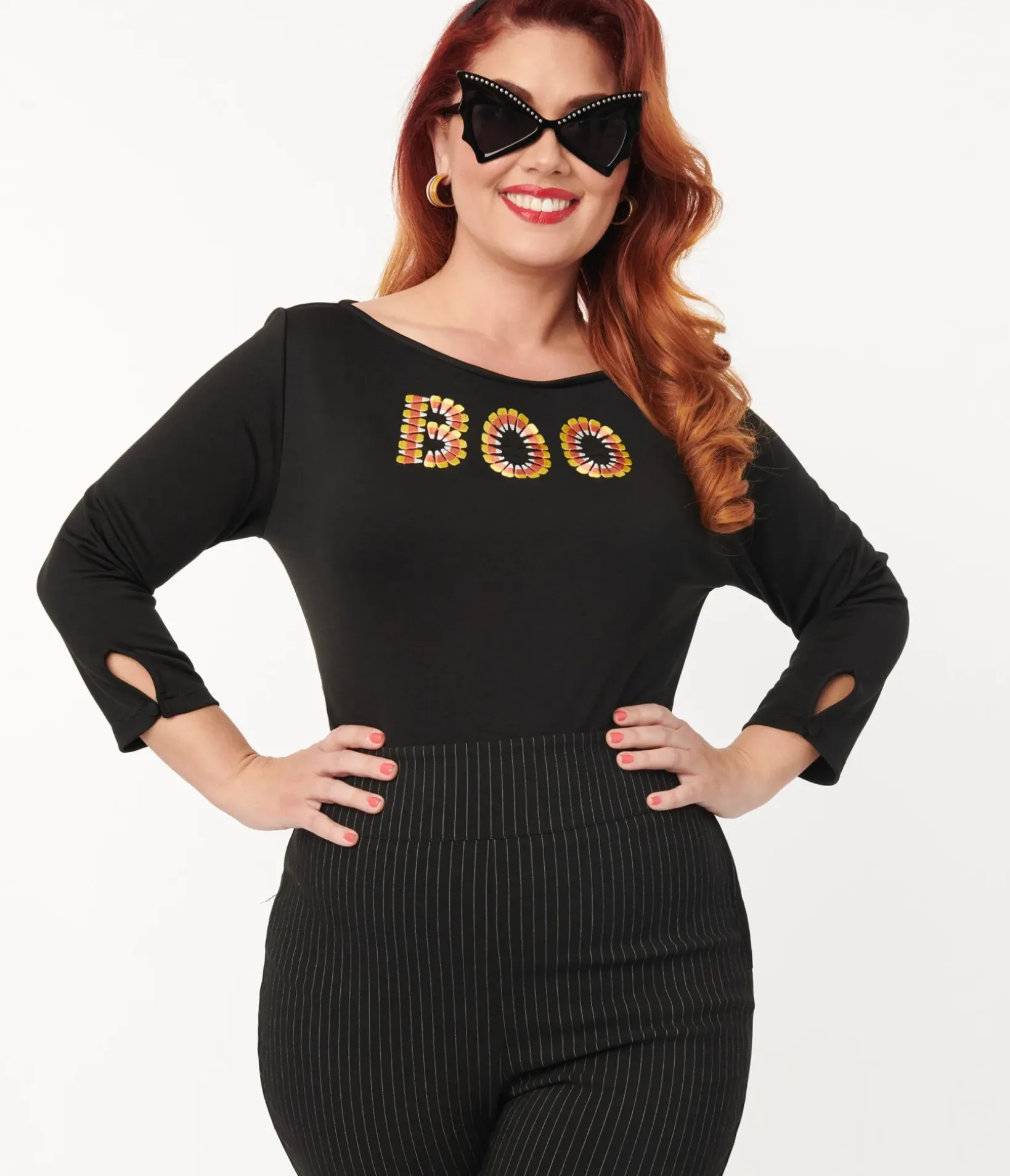 Unique Vintage All Things Black|Halloween>Black Candy Corn Boo Embroidered Gracie Top