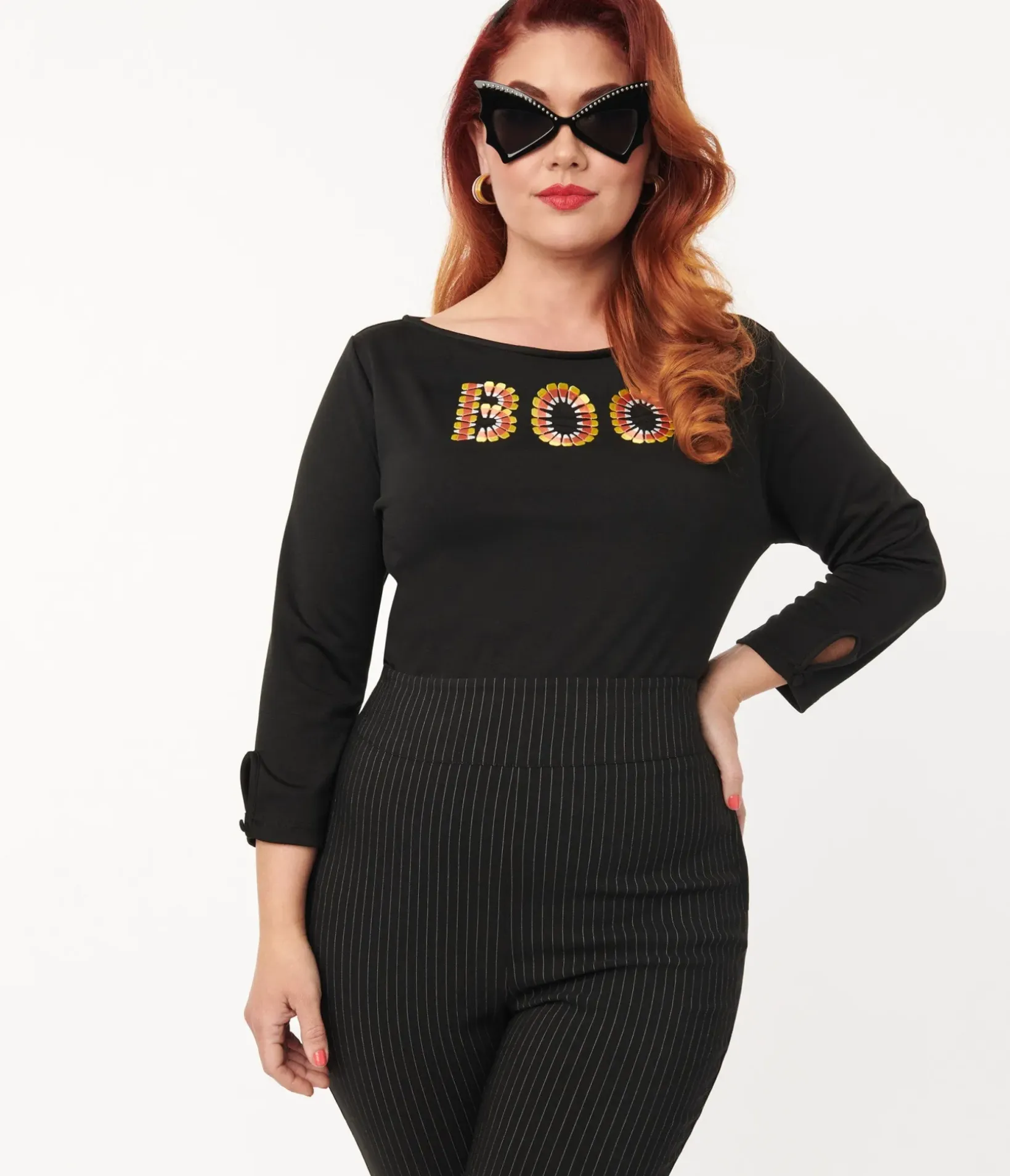 Unique Vintage All Things Black|Halloween>Black Candy Corn Boo Embroidered Gracie Top