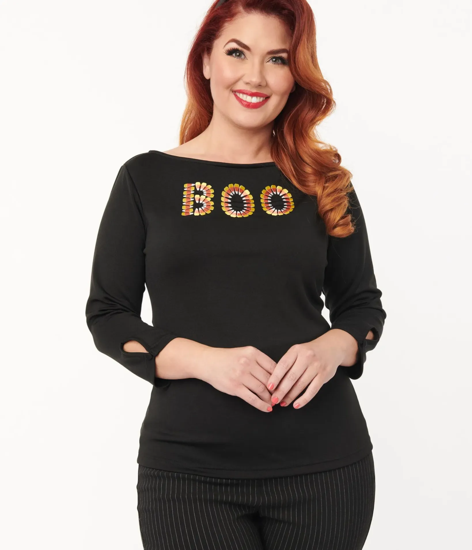 Unique Vintage All Things Black|Halloween>Black Candy Corn Boo Embroidered Gracie Top