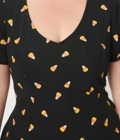 Unique Vintage Fit & Flare|Pocket Dresses>Black Candy Corn Print Poppy Flare Dress