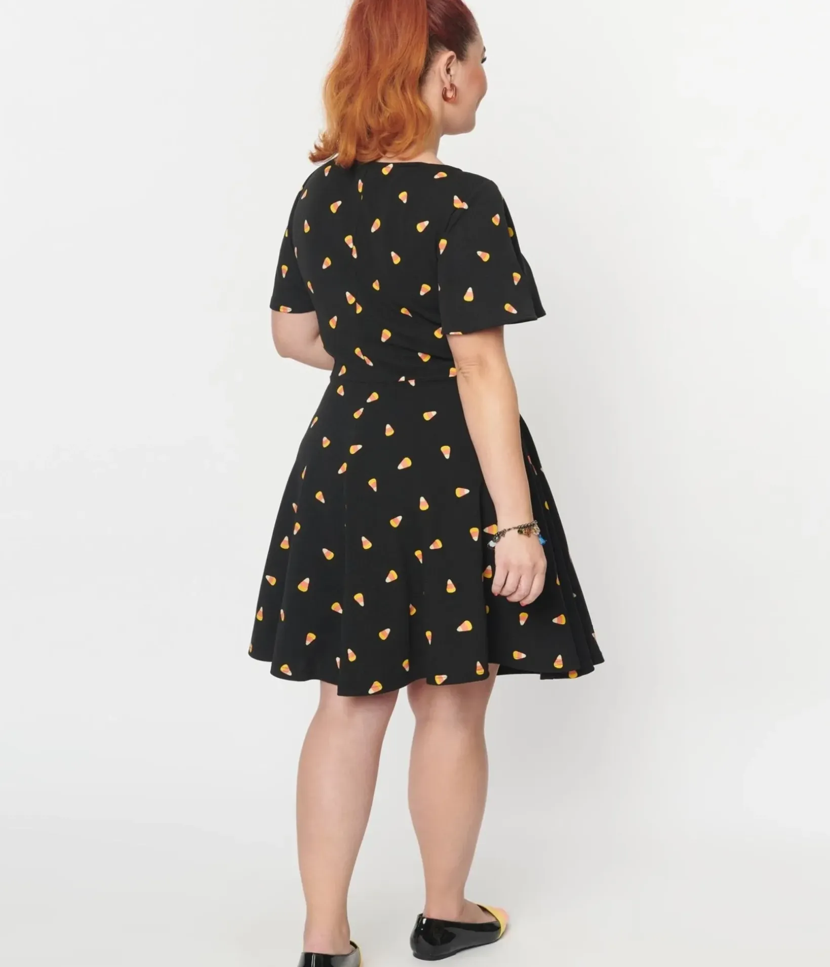 Unique Vintage Fit & Flare|Pocket Dresses>Black Candy Corn Print Poppy Flare Dress