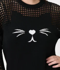 Unique Vintage Sweaters & Cardigans|All Things Black>Black Cat Open Weave Cotton Sweater