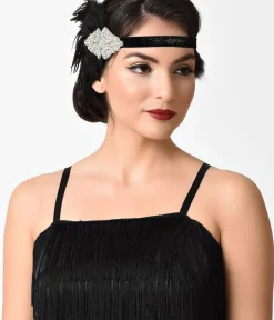 Unique Vintage Special Occasion|Flapper Accessories>Black Coque Feather & Silver Rhinestone Headband