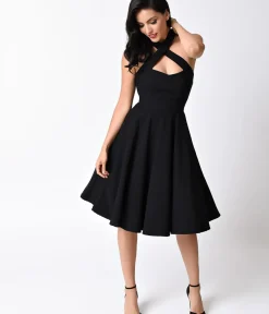 Unique Vintage Swing|Pocket Dresses>Black Criss Cross Halter Rita Flare Dress