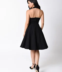 Unique Vintage Swing|Pocket Dresses>Black Criss Cross Halter Rita Flare Dress