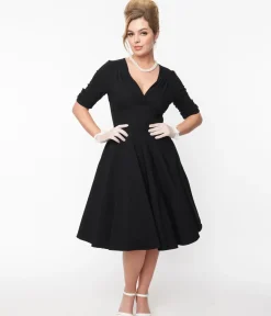 Unique Vintage Swing|Pocket Dresses>Black Delores Swing Dress with Sleeves