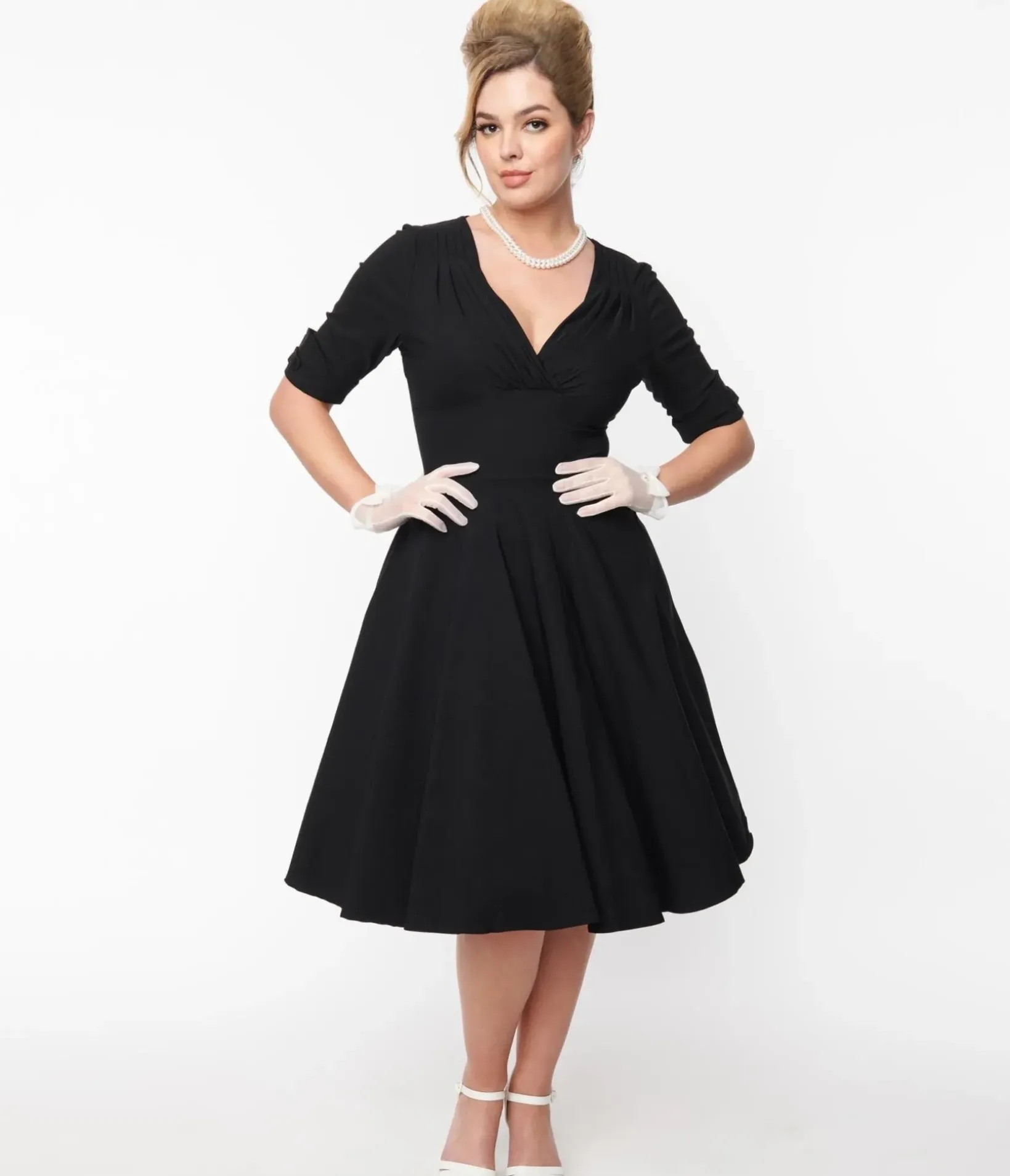 Unique Vintage Swing|Pocket Dresses>Black Delores Swing Dress with Sleeves
