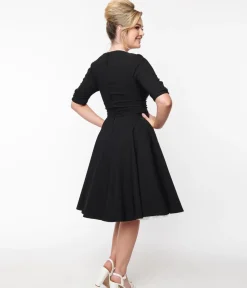 Unique Vintage Swing|Pocket Dresses>Black Delores Swing Dress with Sleeves