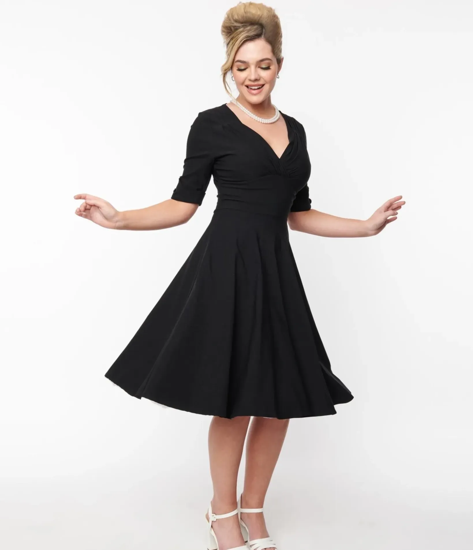 Unique Vintage Swing|Pocket Dresses>Black Delores Swing Dress with Sleeves