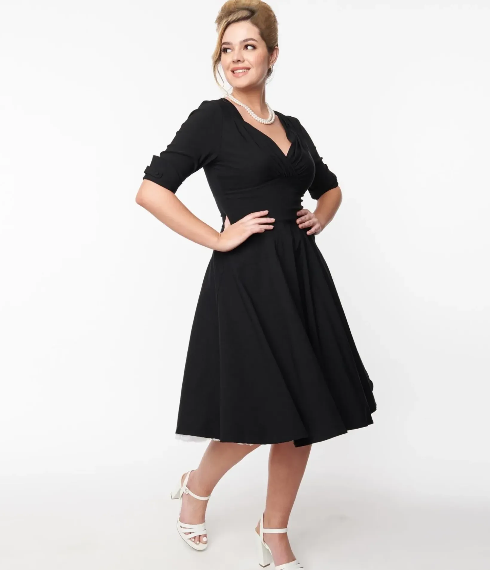 Unique Vintage Swing|Pocket Dresses>Black Delores Swing Dress with Sleeves