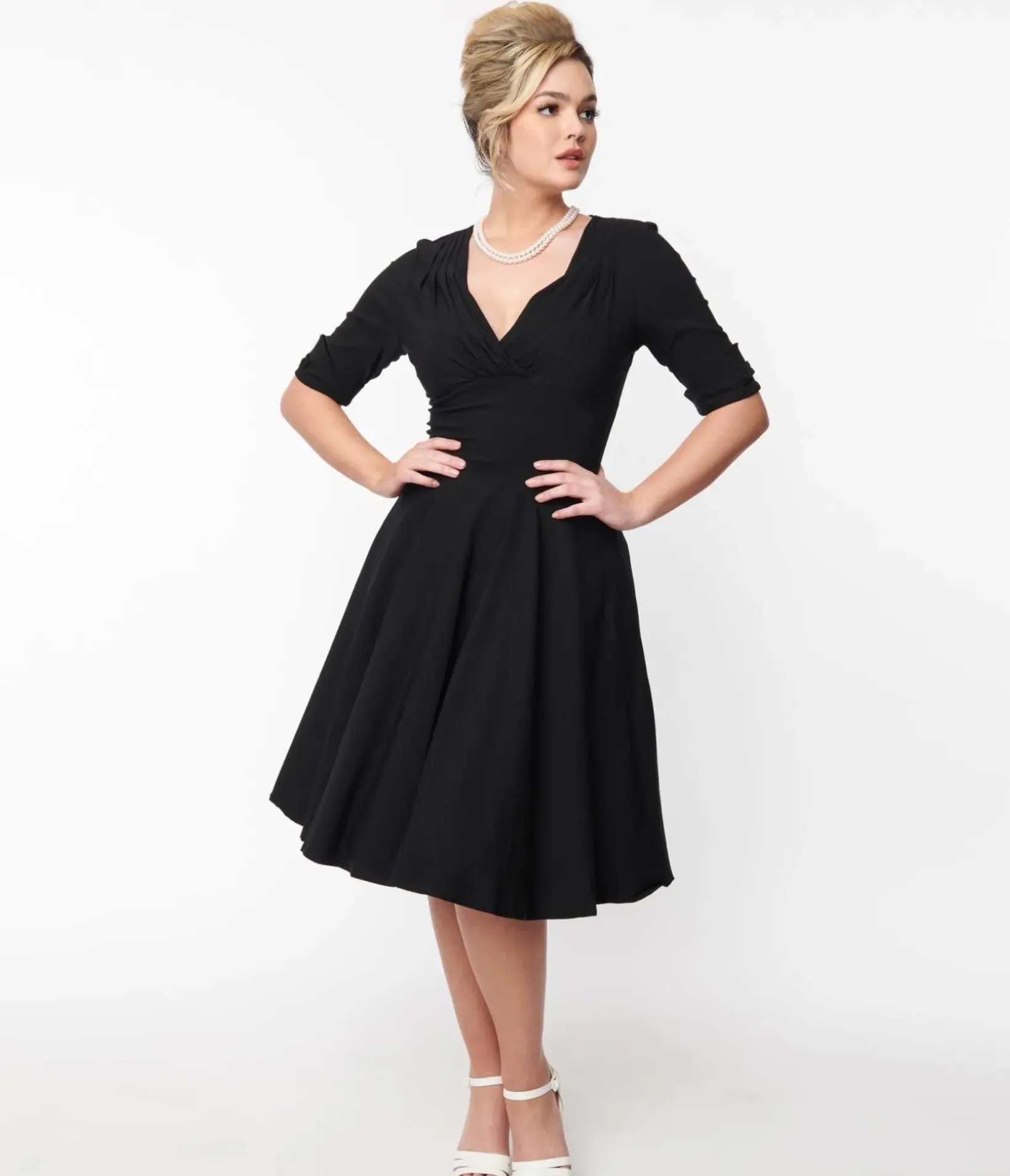Unique Vintage Swing|Pocket Dresses>Black Delores Swing Dress with Sleeves