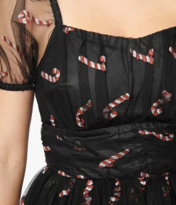 Unique Vintage Everyday Dresses>Black & Glitter Candy Canes Babydoll Dress