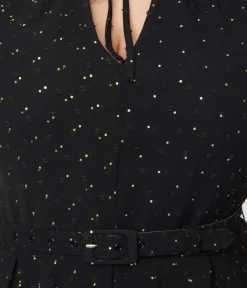 Unique Vintage Swing|Pocket Dresses>Black & Gold Clip Dot Dahlia Swing Dress
