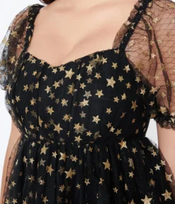 Unique Vintage All Things Black>Black Gold Star Mesh Babydoll Belle Dress