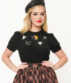 Unique Vintage Sweaters & Cardigans|All Things Black>Black Halloween Embroidered Sweater
