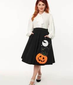 Unique Vintage Skirts|Skirts>Black Halloween Music Box Soda Shop Swing Skirt