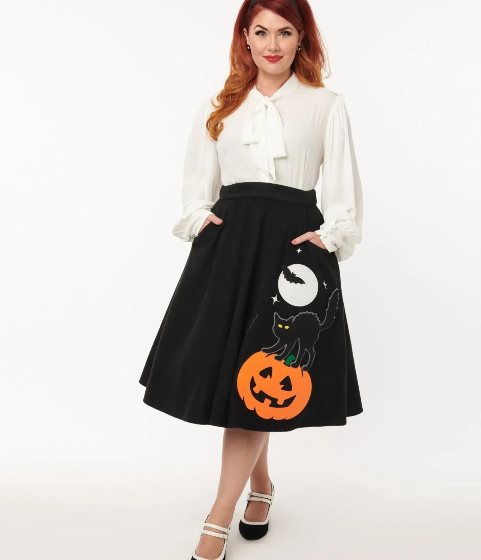 Unique Vintage Skirts|Skirts>Black Halloween Music Box Soda Shop Swing Skirt