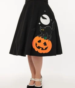 Unique Vintage Skirts|Skirts>Black Halloween Music Box Soda Shop Swing Skirt