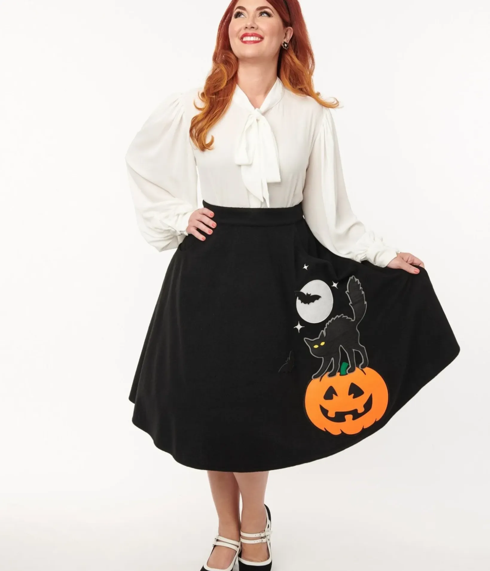 Unique Vintage Skirts|Skirts>Black Halloween Music Box Soda Shop Swing Skirt