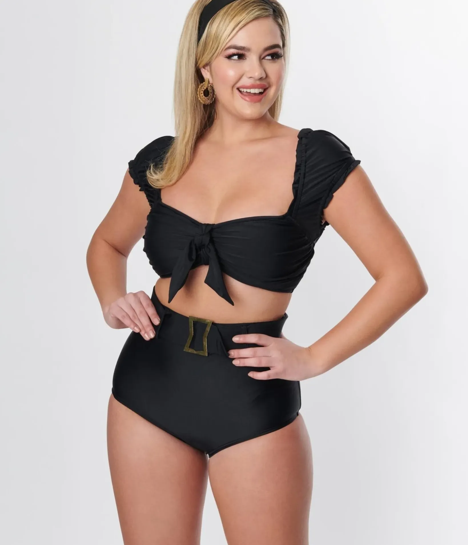 Unique Vintage Swim Bottoms|Two Piece Swim>Black High Waist Belted Swim Bottom