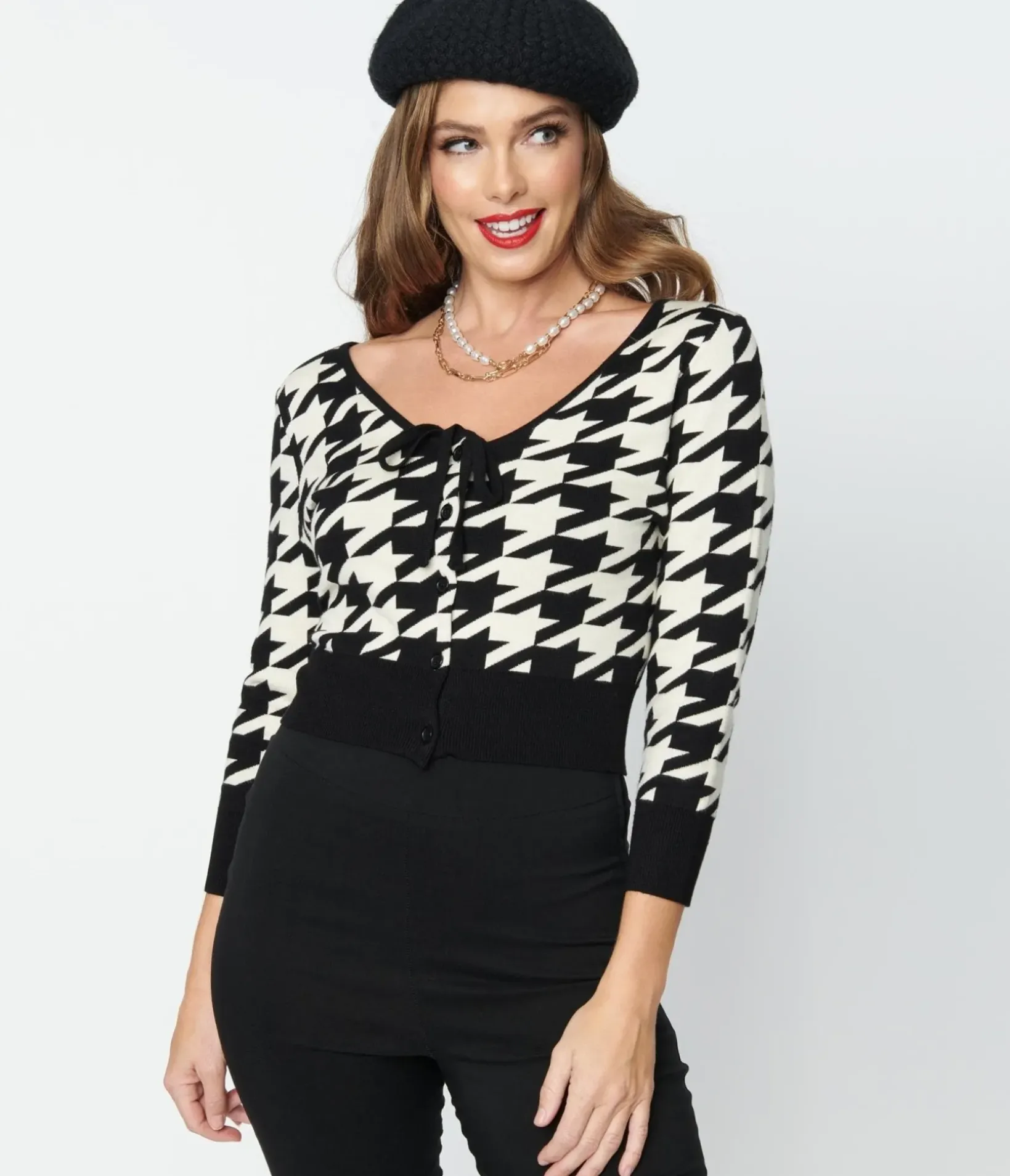 Unique Vintage Sweaters & Cardigans|Sweaters & Cardigans>Black & Ivory Houndstooth Dandy Cardigan