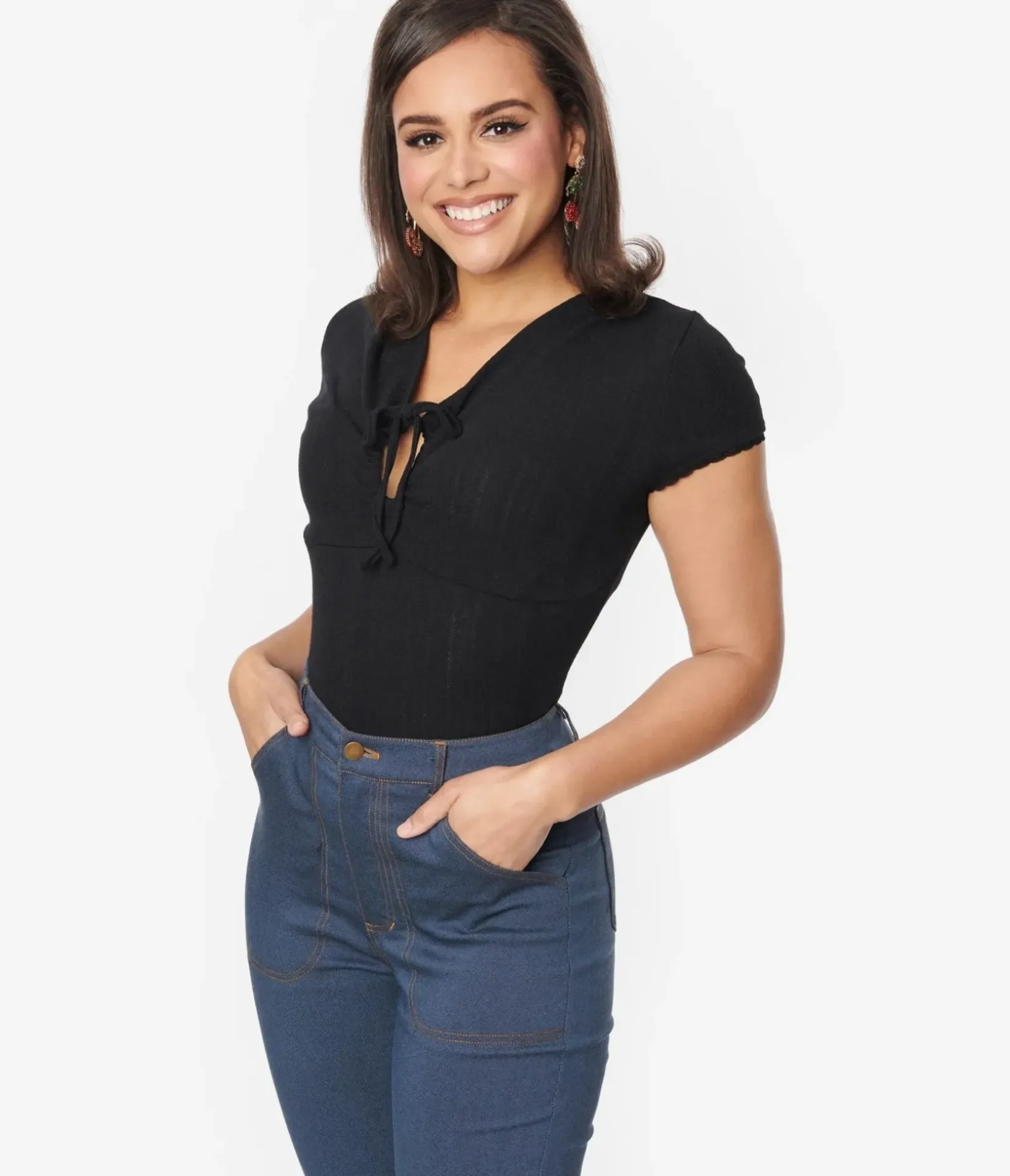 Unique Vintage All Things Black>Black Keyhole Pointelle Knit Top