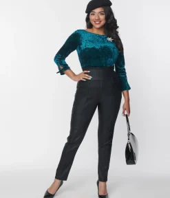 Unique Vintage Pants|Pants>Black Leatherette High Waist Pintuck Pants