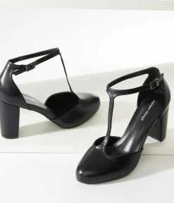 Unique Vintage Special Occasion|Heels>Black Leatherette T-Strap Astaire Pumps