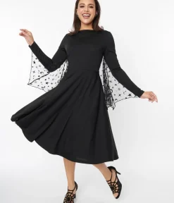 Unique Vintage Swing|Swing>Black & Mesh Bat Swing Dress