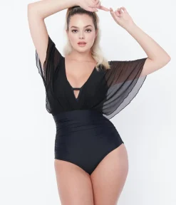 Unique Vintage One Piece Swim|Summer Vacation>Black Mesh Sleeved Torrey Swimsuit