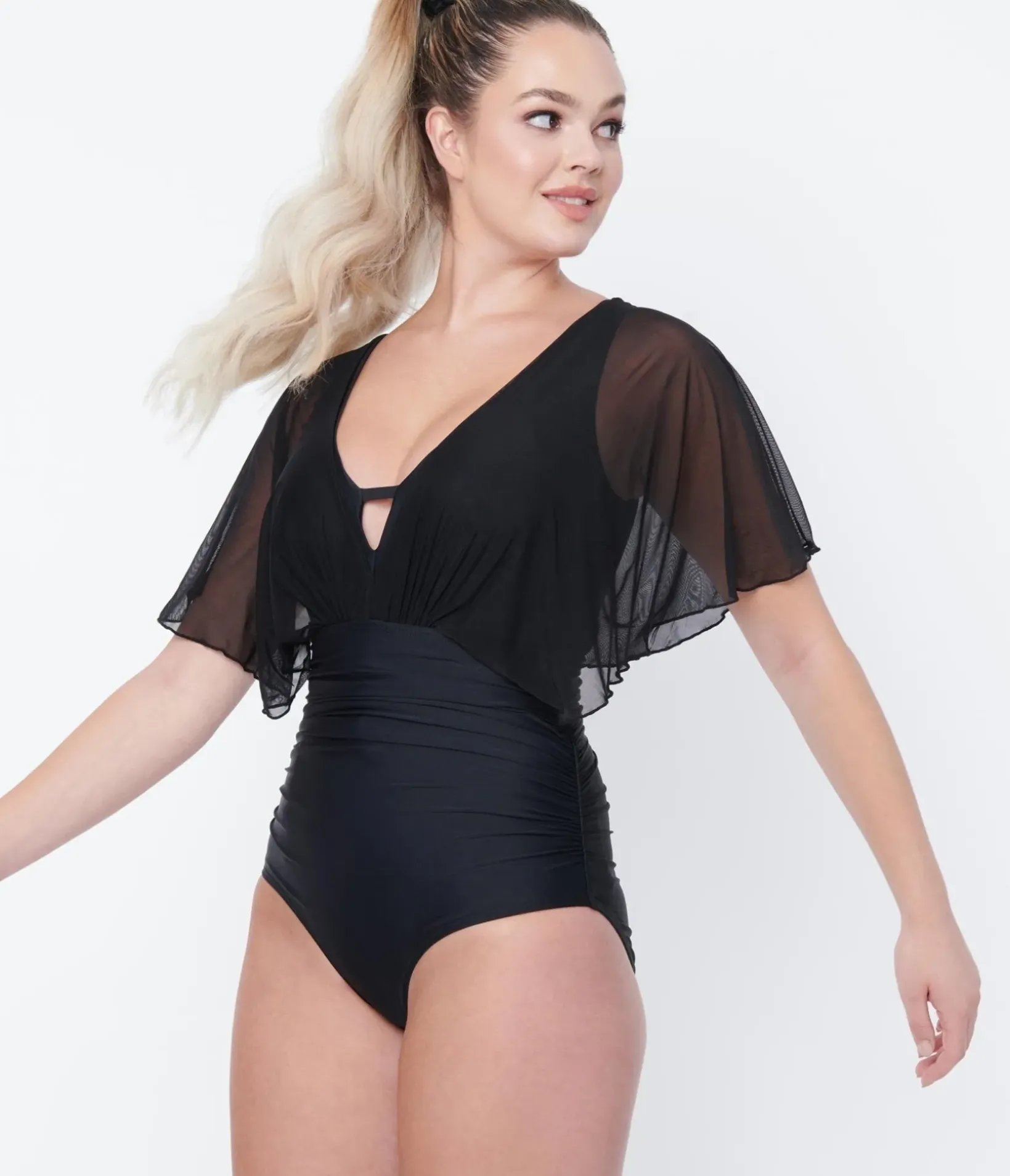 Unique Vintage One Piece Swim|Summer Vacation>Black Mesh Sleeved Torrey Swimsuit