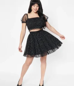 Unique Vintage All Things Black>Black & Multicolor Dots Sweetie Pie Flare Skirt