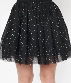 Unique Vintage All Things Black>Black & Multicolor Dots Sweetie Pie Flare Skirt