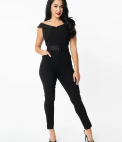 Unique Vintage Rompers & Jumpsuits|All Things Black>Black Off Shoulder Gillian Jumpsuit