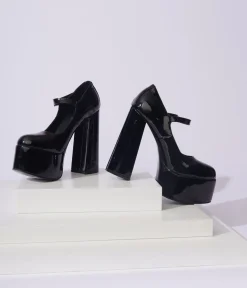 Unique Vintage All Things Black|Halloween>Black Patent Leatherette Platform Mary Jane Heels