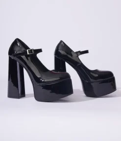 Unique Vintage All Things Black|Halloween>Black Patent Leatherette Platform Mary Jane Heels