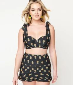 Unique Vintage Swim Bottoms|Two Piece Swim>Black & Pineapple Print Alice Swim Skirt