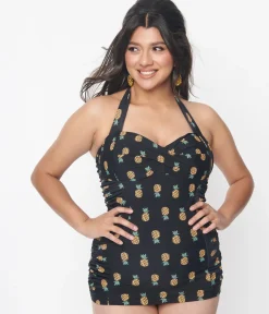 Unique Vintage One Piece Swim|All Things Black>Black & Pineapple Print Corinne Sheath Swimsuit