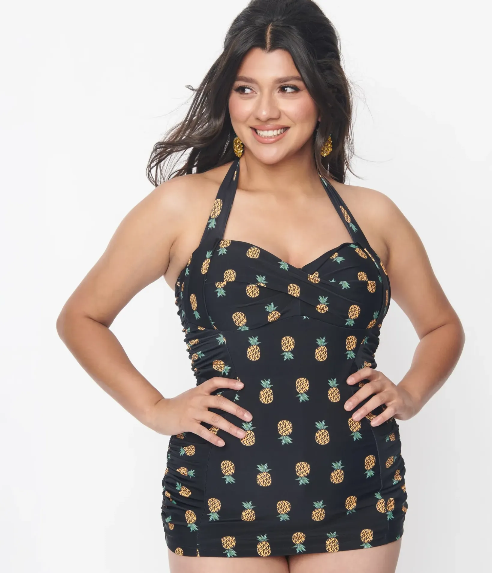 Unique Vintage One Piece Swim|All Things Black>Black & Pineapple Print Corinne Sheath Swimsuit
